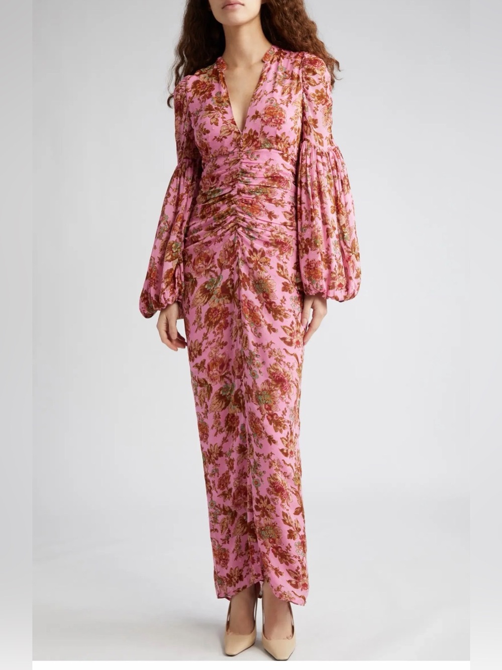 NWT TiMo Golden Georgette Rouching Dress | Pink Wallpaper, size XS